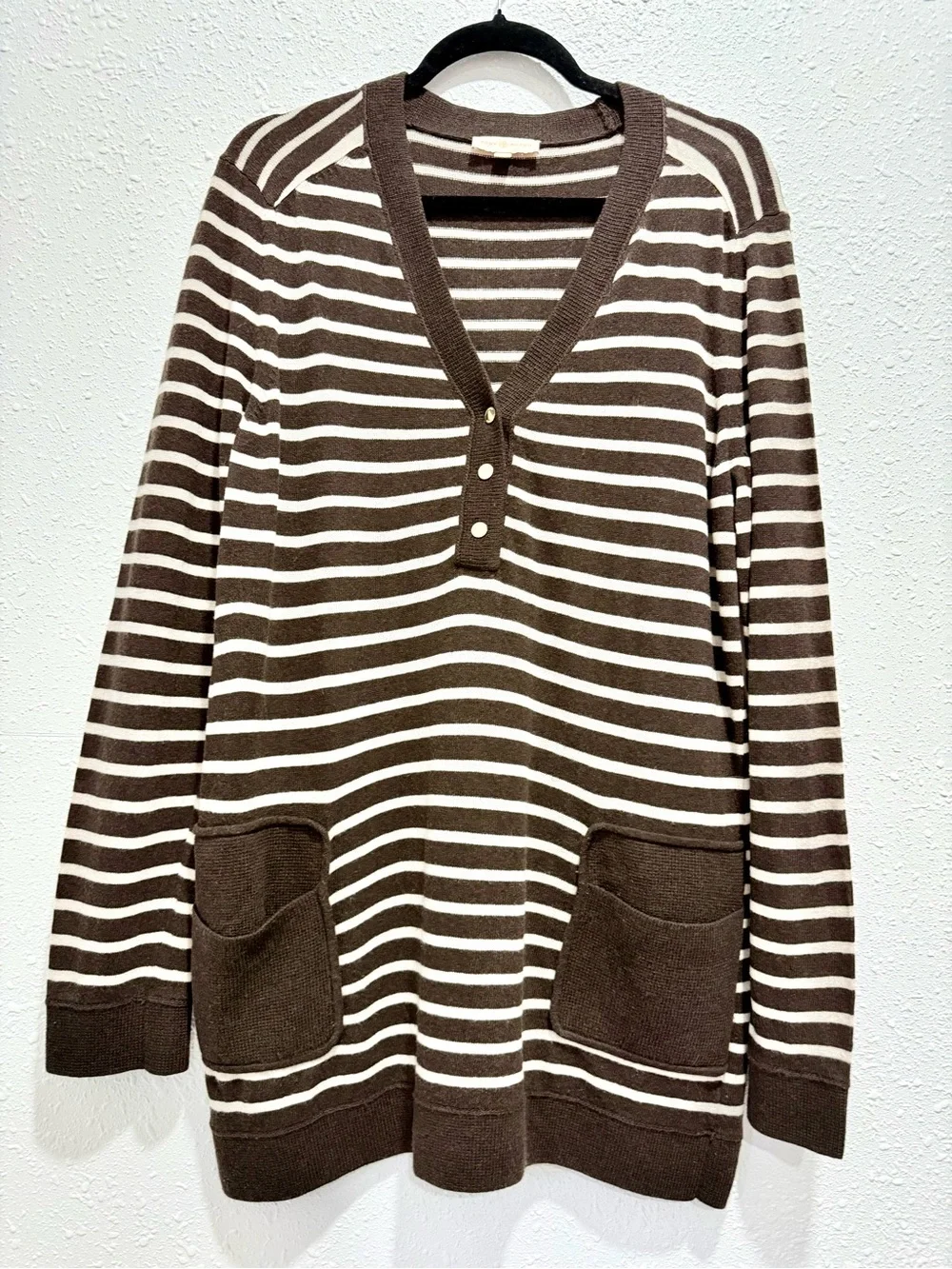 Tory Burch Striped V-Neck Pocket Tunic Sweater XL